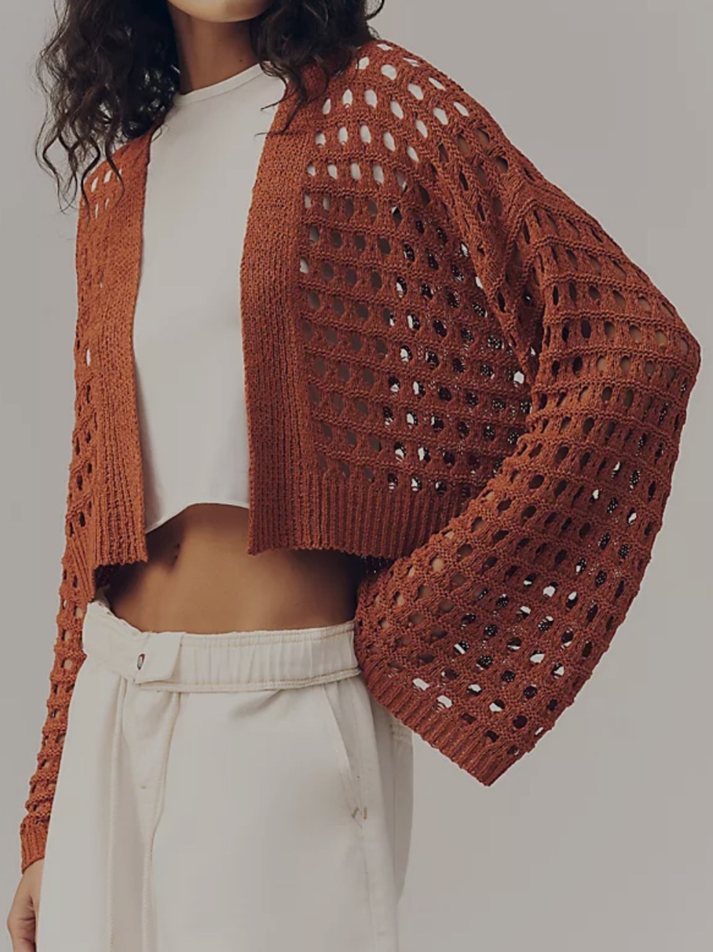 Anthropologie Crochet Cropped Open Front Cardigan Rust Clay Orange OS NWT